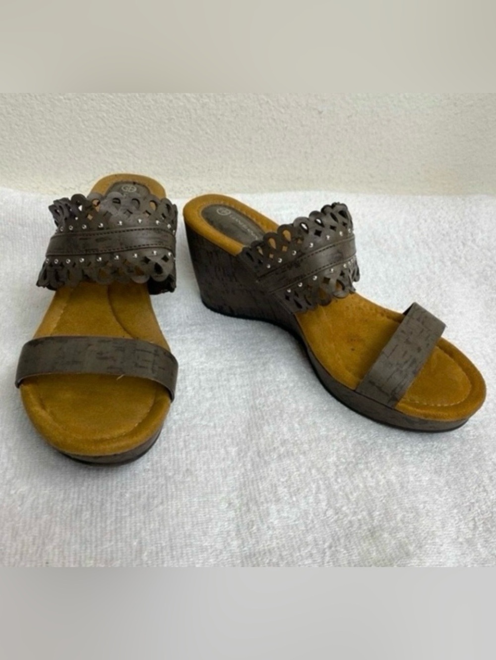 Giani Bernini Womens Brown Faux Cork Strappy Slip On Wedge Sandals Size 7/7.5